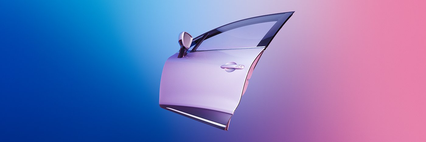 Ein schwebendes Autotür-Design mit buntem Hintergrund in Blau und Rosa, kreativ präsentiert.