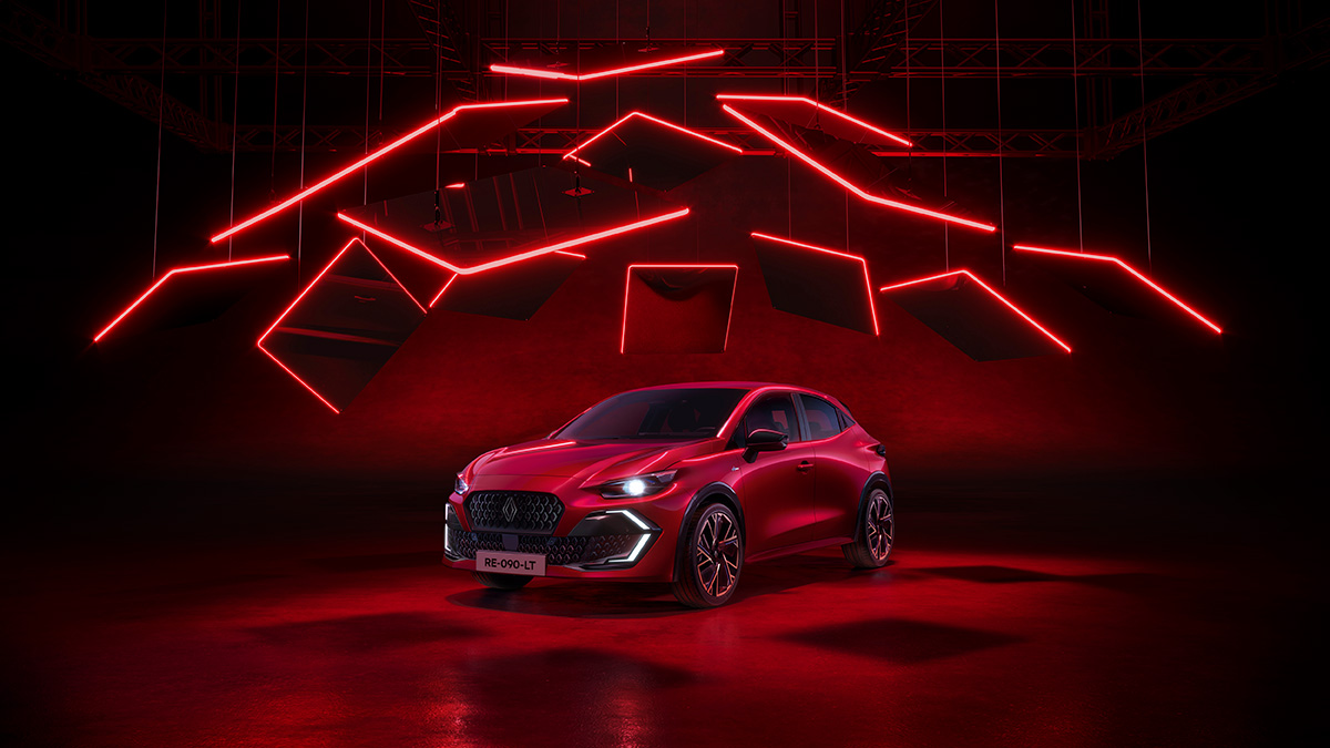 Sportliches Auto in rot unter leuchtenden Neonlichtern auf schwarzem Hintergrund, futuristisches Design und moderne Ästhetik.