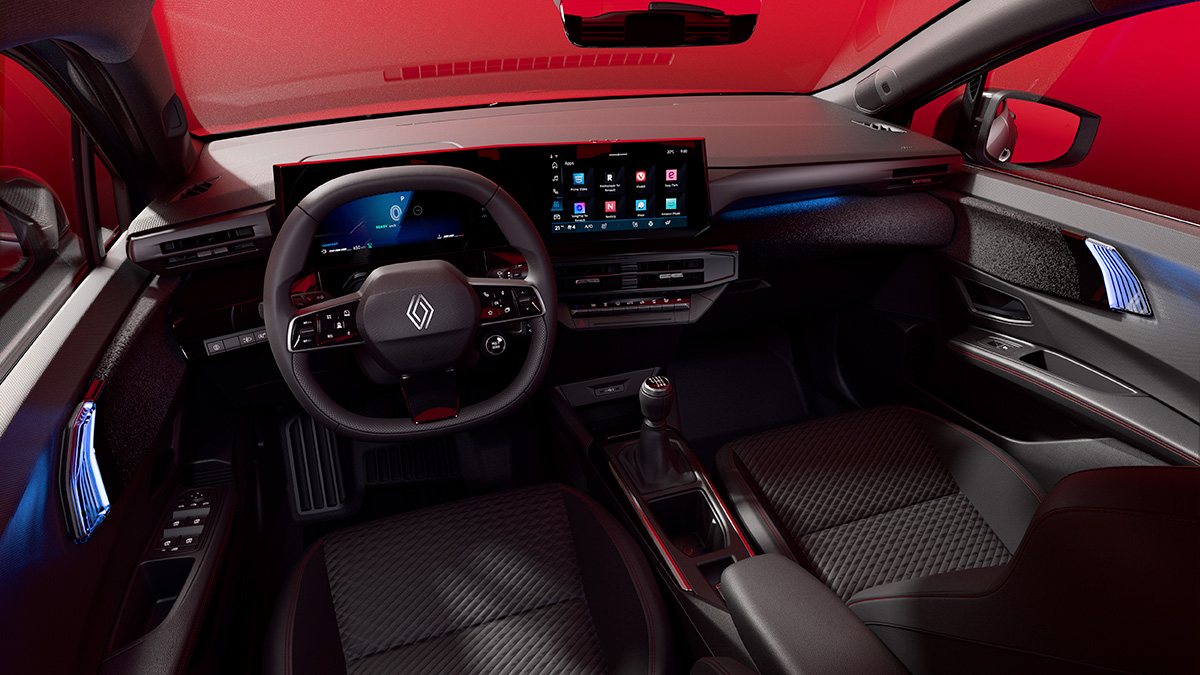 Moderne Fahrzeugkabine mit digitalem Display, sportlichem Lenkrad, und elegantem Interieur in dunklen Farben.