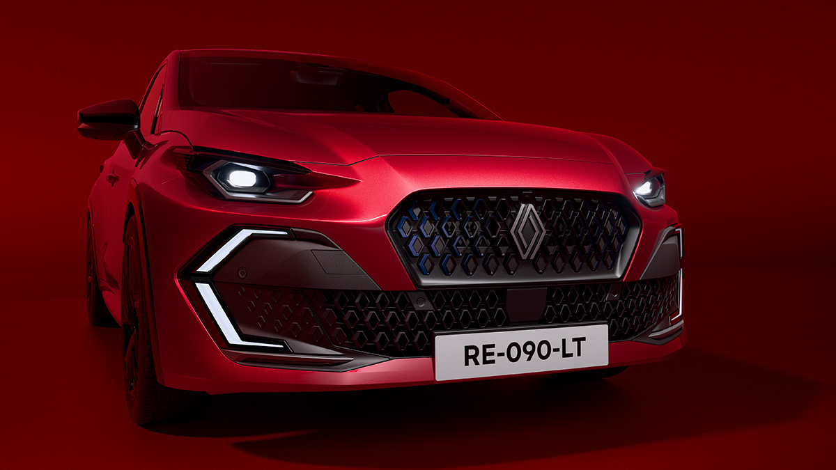 Renault Auto in rotem Hintergrund, mit markanter Frontpartie und LED-Scheinwerfern, Nummernschild RE-090-LT.