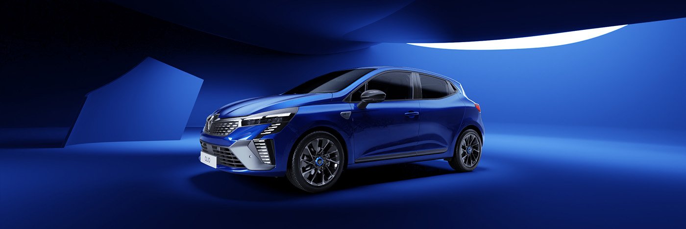 Blauer Kompaktwagen vor blauem Hintergrund, modernes Design, gut beleuchtet, zeigt Kurven und Details.