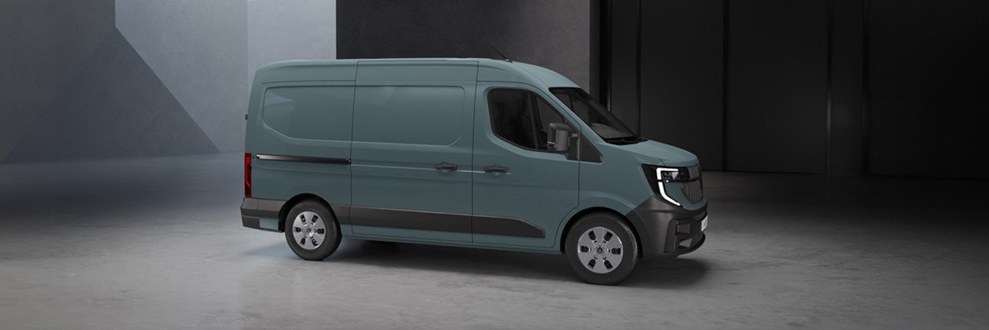 Ein moderner Transporter in blauer Farbe, seitlich in einem stilvollen Raum fotografiert.