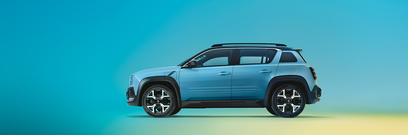 Blauer SUV vor einem farbverlaufenden Hintergrund, seitliche Ansicht, modern und stilvoll.