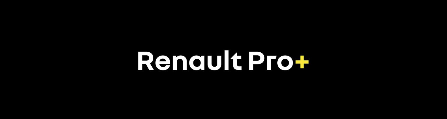 Logo von Renault Pro+ auf schwarzem Hintergrund, mit dem Fokus auf Professionalität und Innovation.