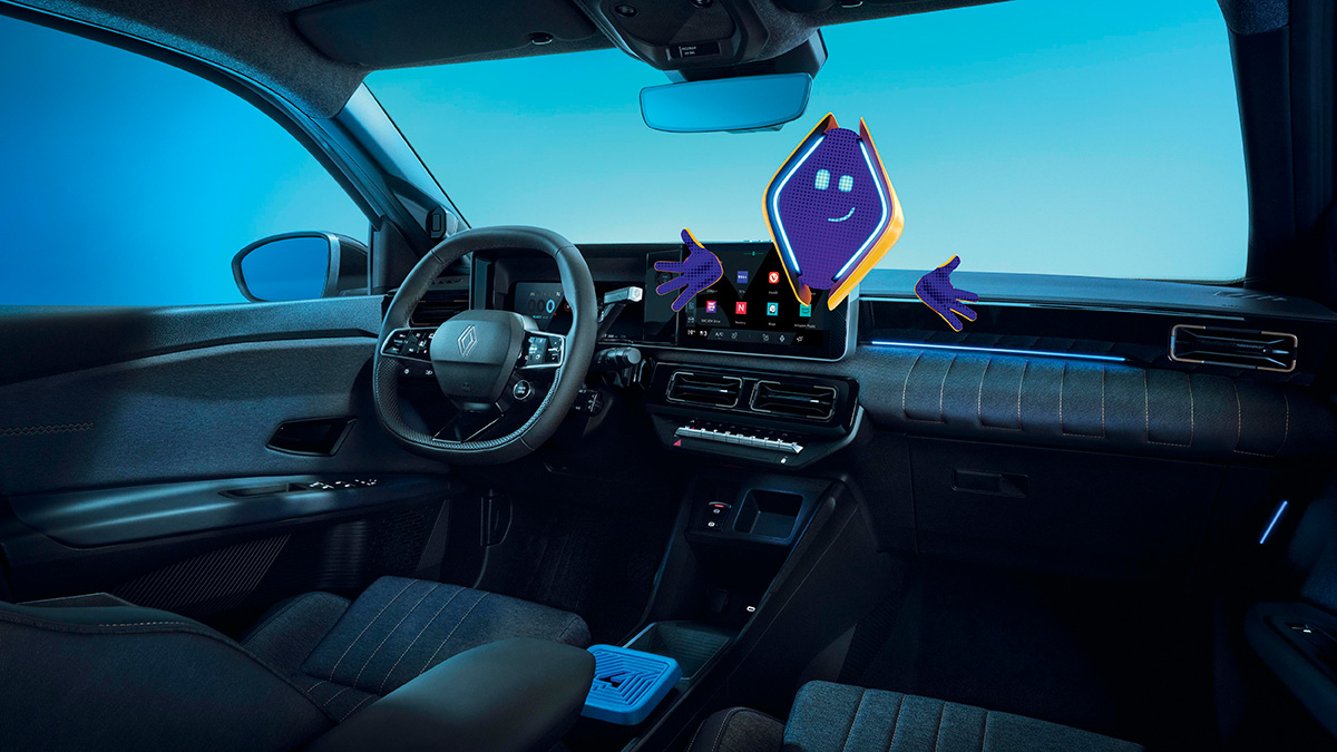 Innenansicht eines modernen Autos mit stylischem Armaturenbrett und digitalem Display, umgeben von blauem Licht.