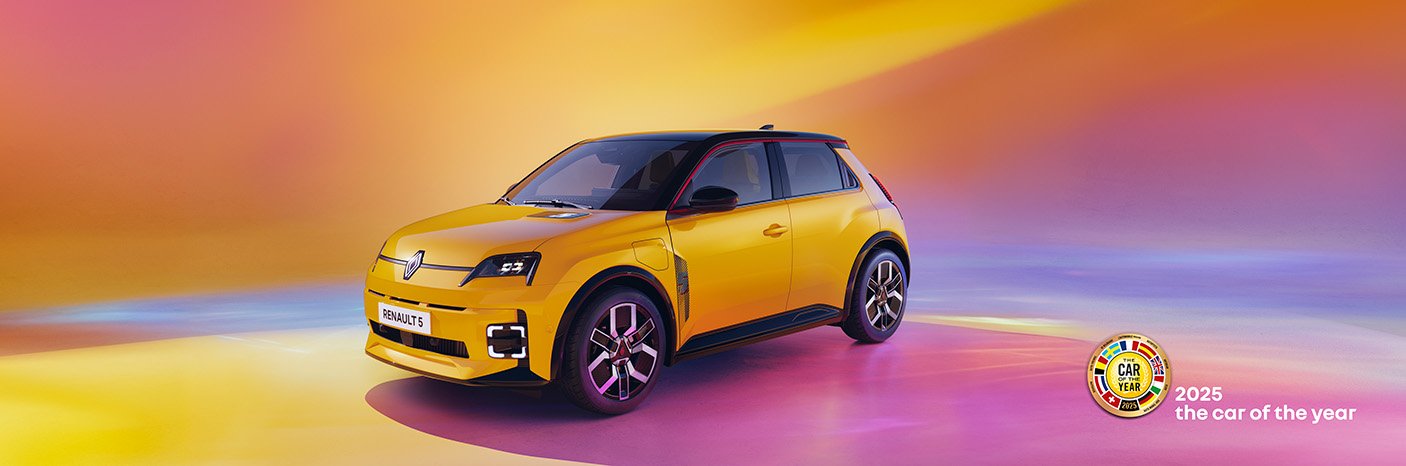 Gelbes Renault Auto vor buntem Hintergrund, ausgezeichnet als Fahrzeug des Jahres 2025.