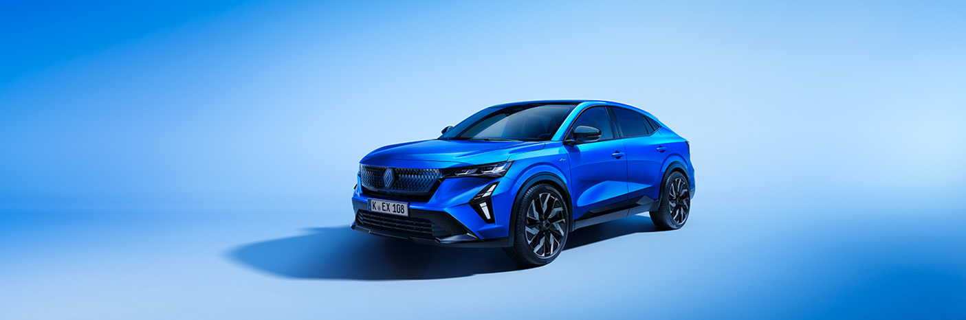 Blauer SUV auf blauer Hintergrund, modern, sportliches Design, auffällige Linien und Lackierung.