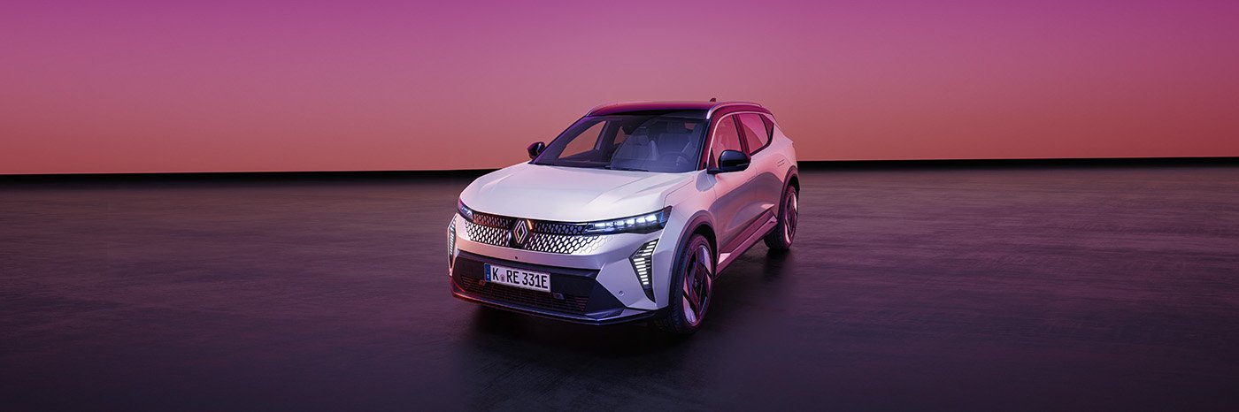 Weißer SUV vor einen farbenfrohen, lila Hintergrund, moderne Fahrzeugdesign-Details gut sichtbar.