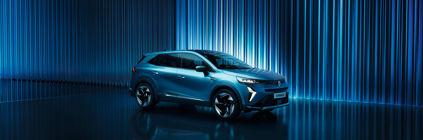 Ein modernes blauer SUV mit futuristischem Design, beleuchtet von blauen Lichtern vor einem gestreiften Hintergrund.
