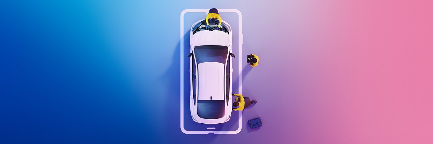 Ein weißes Auto wird von zwei Personen auf einem gradienten Hintergrund untersucht.