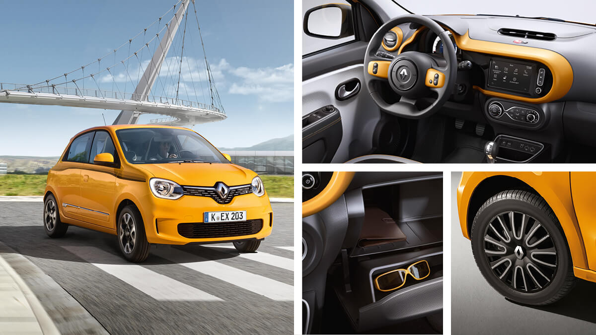 Renault Twingo in Gelb auf der Straße mit Bildern des Innenraums, Lenkrad und Rad. Modernes, kompaktes Design.
