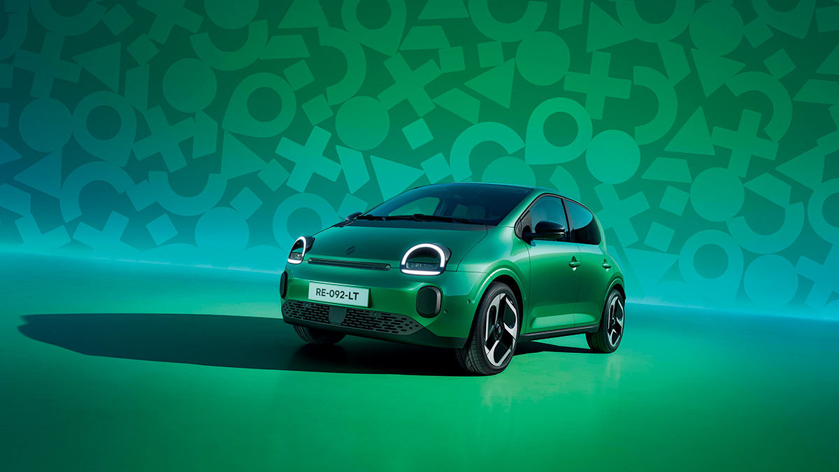Ein grünes Auto vor einem bunten Hintergrund mit geometrischen Mustern. Modernes Design und auffällige Farbe.