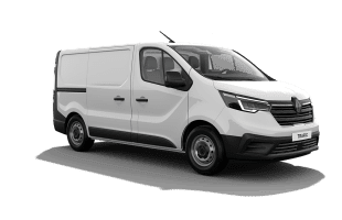 Weißer Lieferwagen von Renault, Modell Trafic, auf grünem Hintergrund.
