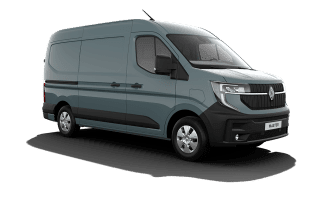 Hellblauer Transporter von Renault, seitliche Ansicht, auf grünem Hintergrund, für Logistik und Gewerbe.