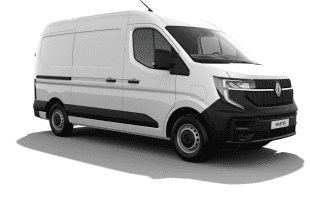 Weißer Lieferwagen von Renault, Modell Master, mit modernem Design und Seitentüren, auf weißem Hintergrund.