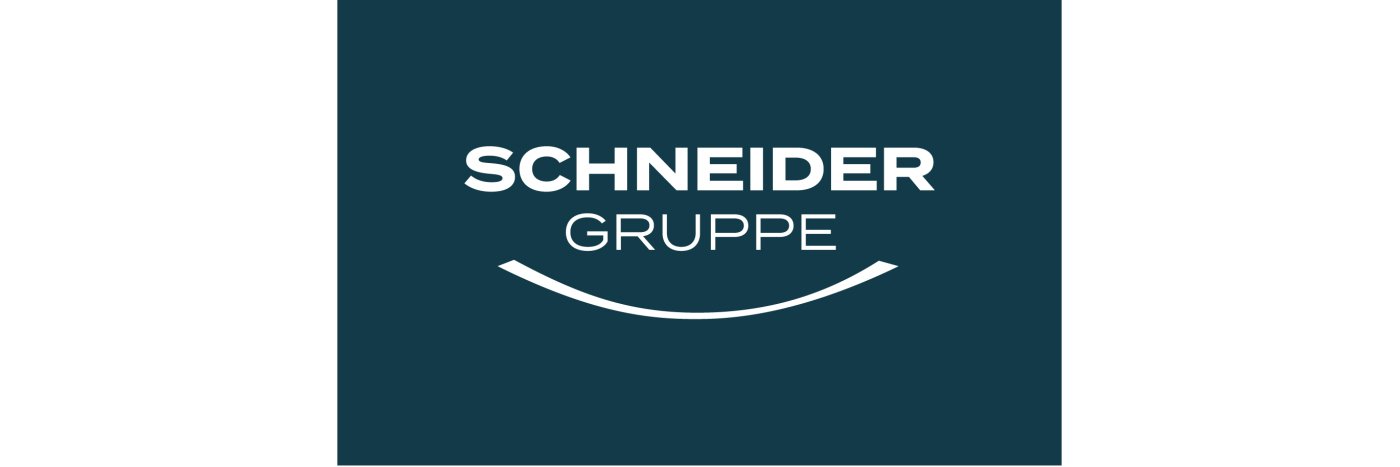 Logo der Schneider Gruppe auf dunklem Hintergrund, mit geschwungenem Design und modernem Schriftzug.