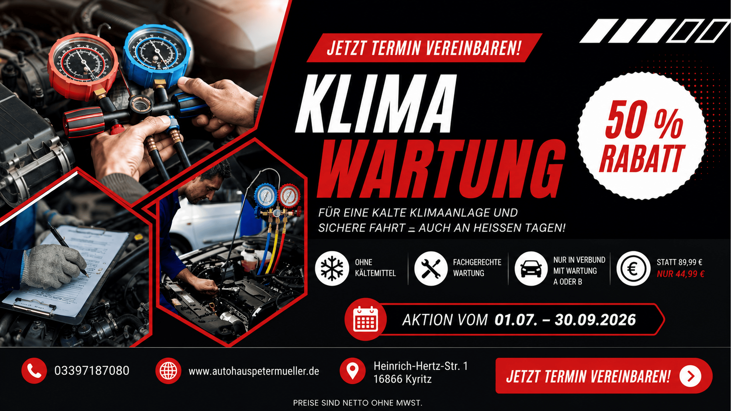 Werbung für Klimawartung mit 50 % Rabatt in Kyritz, Details zur Aktion und Kontaktinformationen.