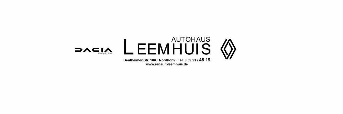 Logo und Kontaktinformationen von Autohaus Leemhuis in Nordhorn, Dacia und Renault.