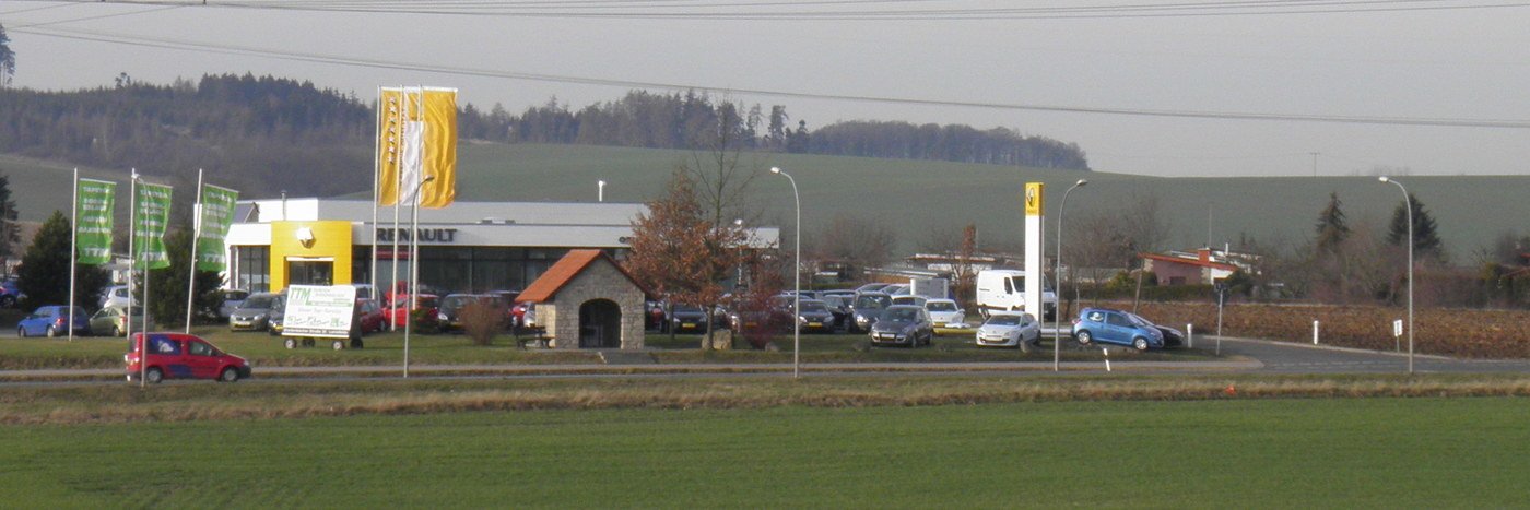 Autohaus mit Vielfalt an Fahrzeugen, grünen Fahnen und ländlicher Umgebung, in der Nähe von Feldern.