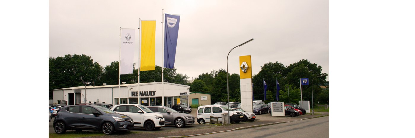 Renault Autohaus mit mehreren Fahrzeugen und großen Fahnen, umgeben von Bäumen und grauem Himmel.