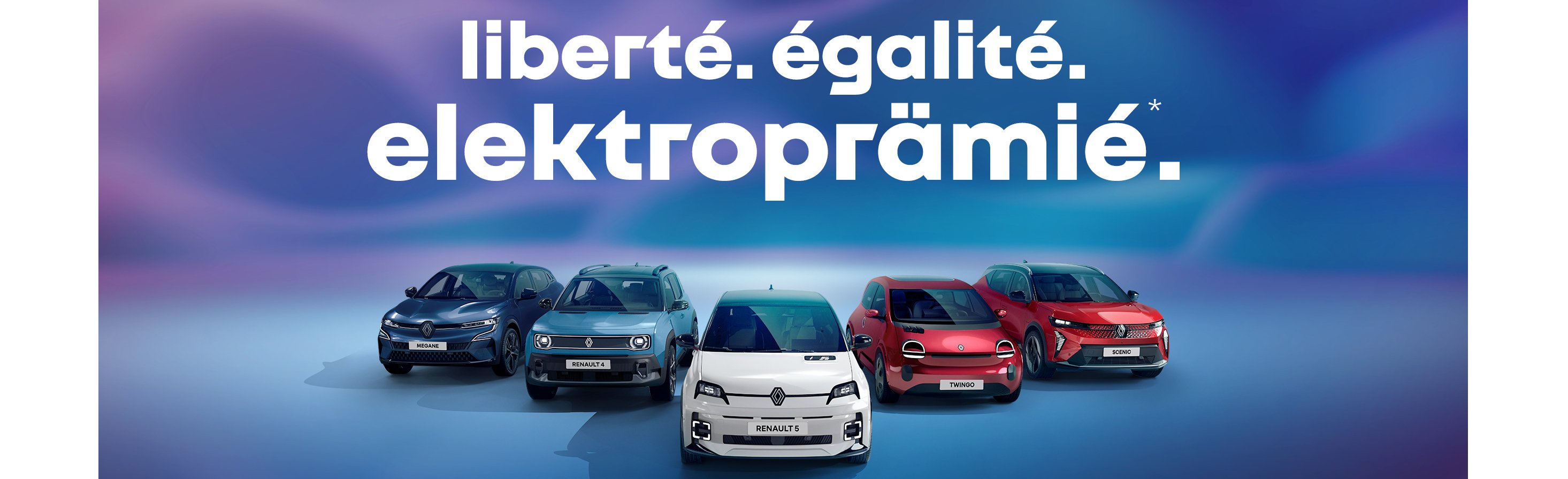 Sechs Elektroautos von Renault, präsentiert mit dem Motto: Freiheit, Gleichheit, Elektropremie.