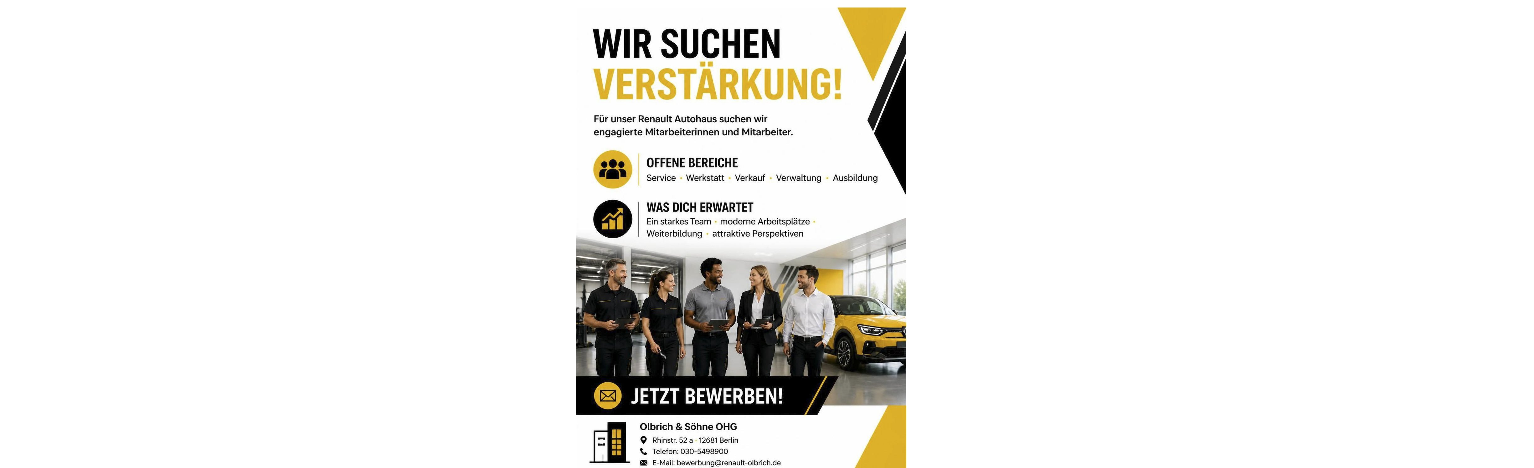 Stellenangebot für Renault, Suche nach neuen Mitarbeitern in verschiedenen Bereichen. 
