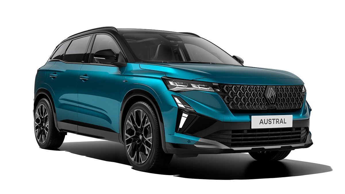 Renault Austral in Türkisfarbe, modernes SUV mit markanter Front, schwarzen Felgen und eleganter Linie.