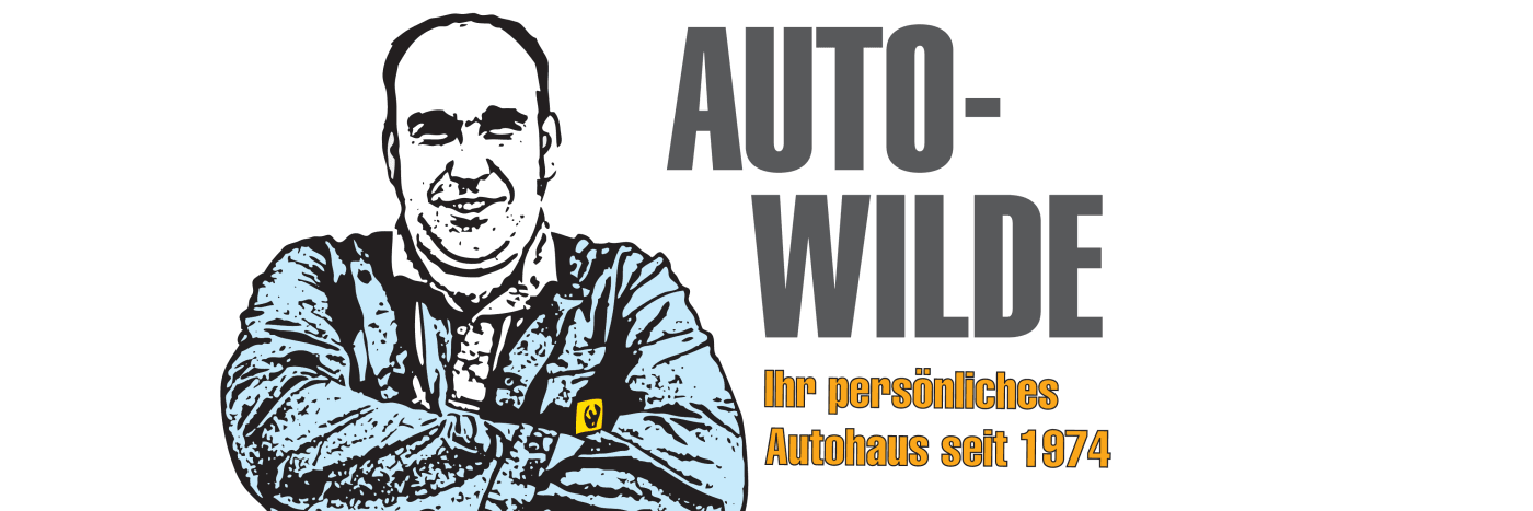 Logo von Auto-Wilde mit einem Mann in Arbeitskleidung. Slogan: Ihr persönliches Autohaus seit 1974.