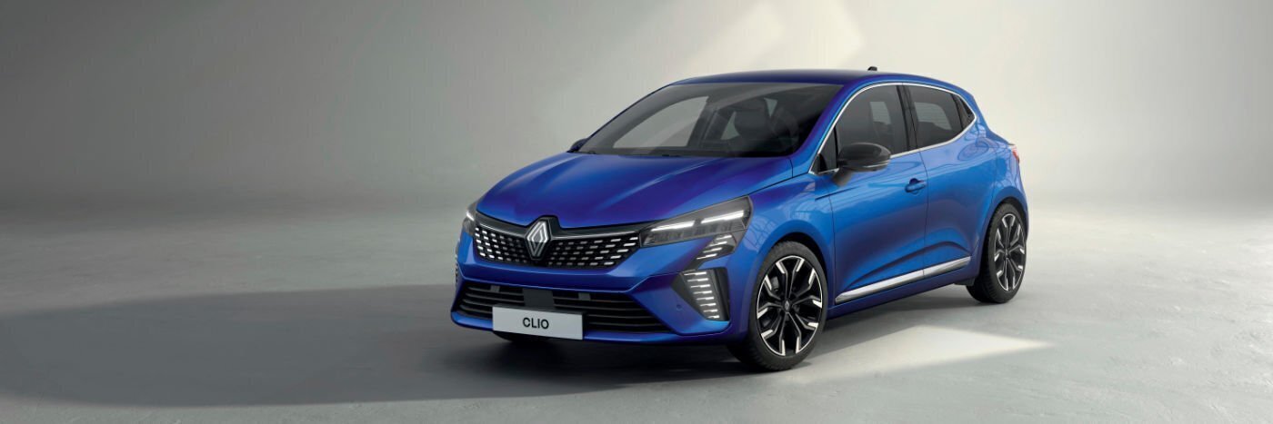 Neuer Renault Clio in strahlendem Blau, präsentiert vor neutralem Hintergrund, modern und dynamisch gestaltet.