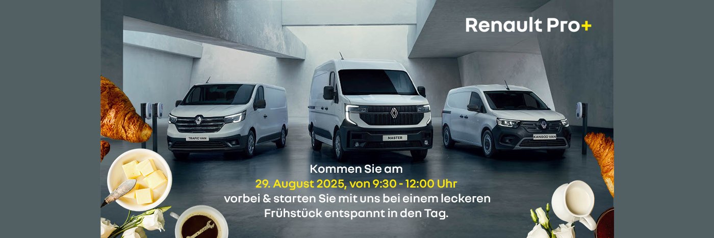 Drei Renault Transporter in moderner Umgebung, Werbung für Frühstücksevent am 29. August 2025 von 9:30-12:00 Uhr.