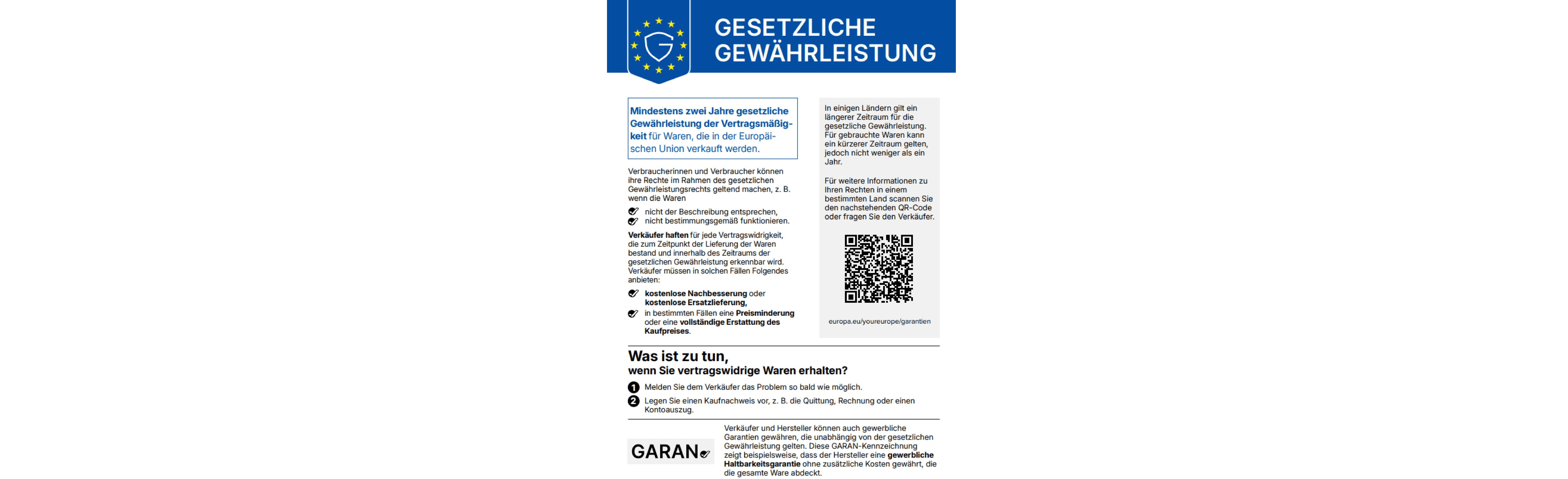 Informationen zur gesetzlichen Gewährleistung in Deutschland, inklusive QR-Code für weitere Details.