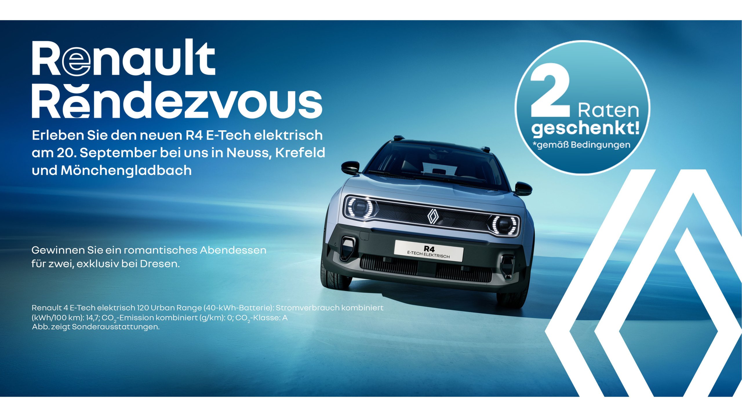 Renault R4 E-Tech elektrisch, Eventankündigung am 20. September in Neuss, Krefeld und Mönchengladbach.