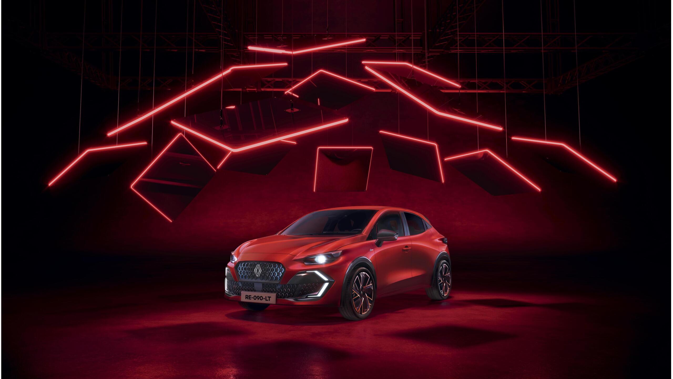 Modernes Auto in leuchtendem Orange vor einer futuristischen, rot beleuchteten Kulisse.