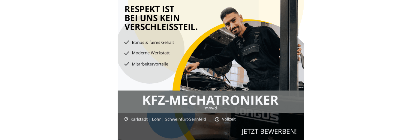 Stellenanzeige für KFZ-Mechatroniker mit Informationen zu Gehalt, Werkstatt und Vorteilen für Mitarbeiter.
