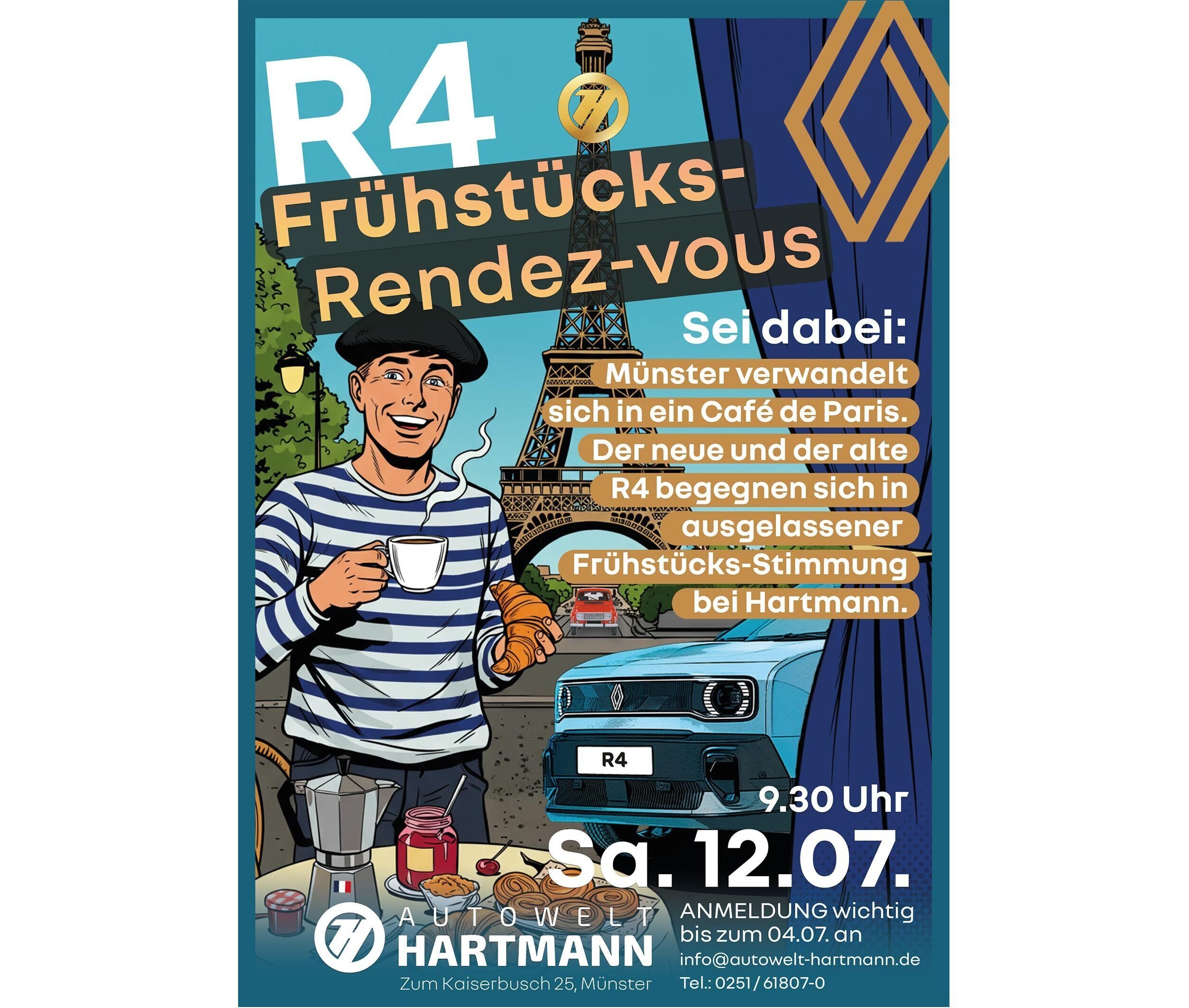 Plakat für R4 Frühstücks-Rendez-vous in Münster, mit Kaffeetasse und R4 Fahrzeug unter dem Eiffelturm.