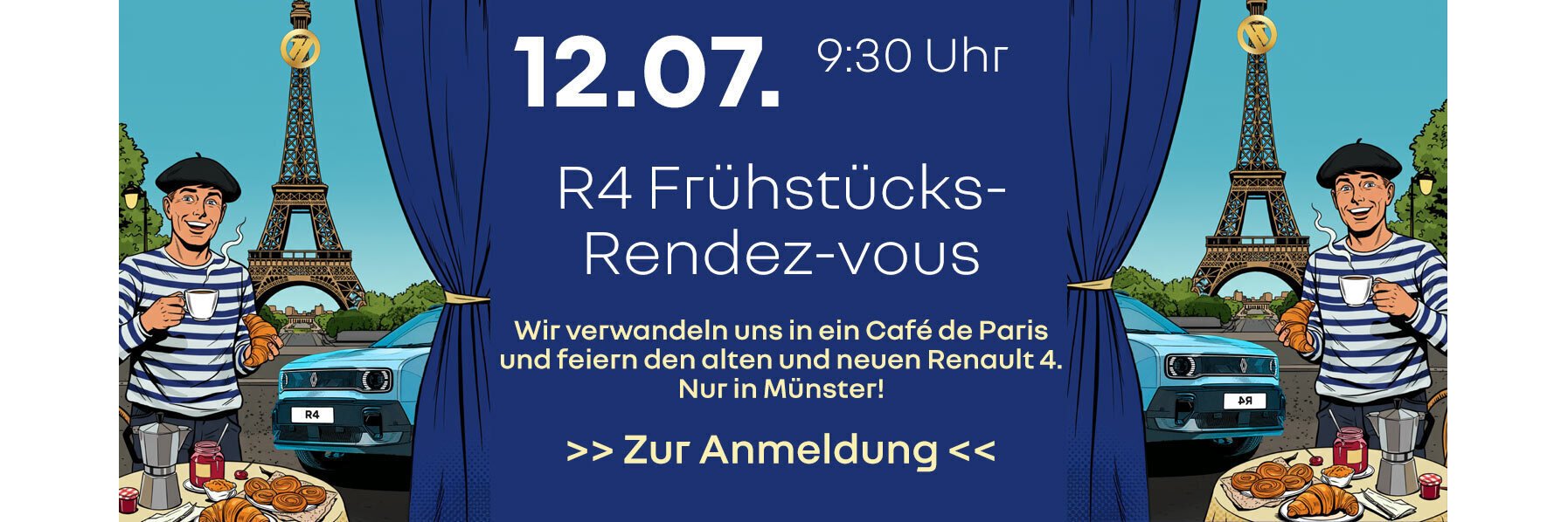 Einladung zum R4 Frühstücks-Rendez-vous am 12.07. in Münster, mit französischem Flair und dem neuen Renault 4.