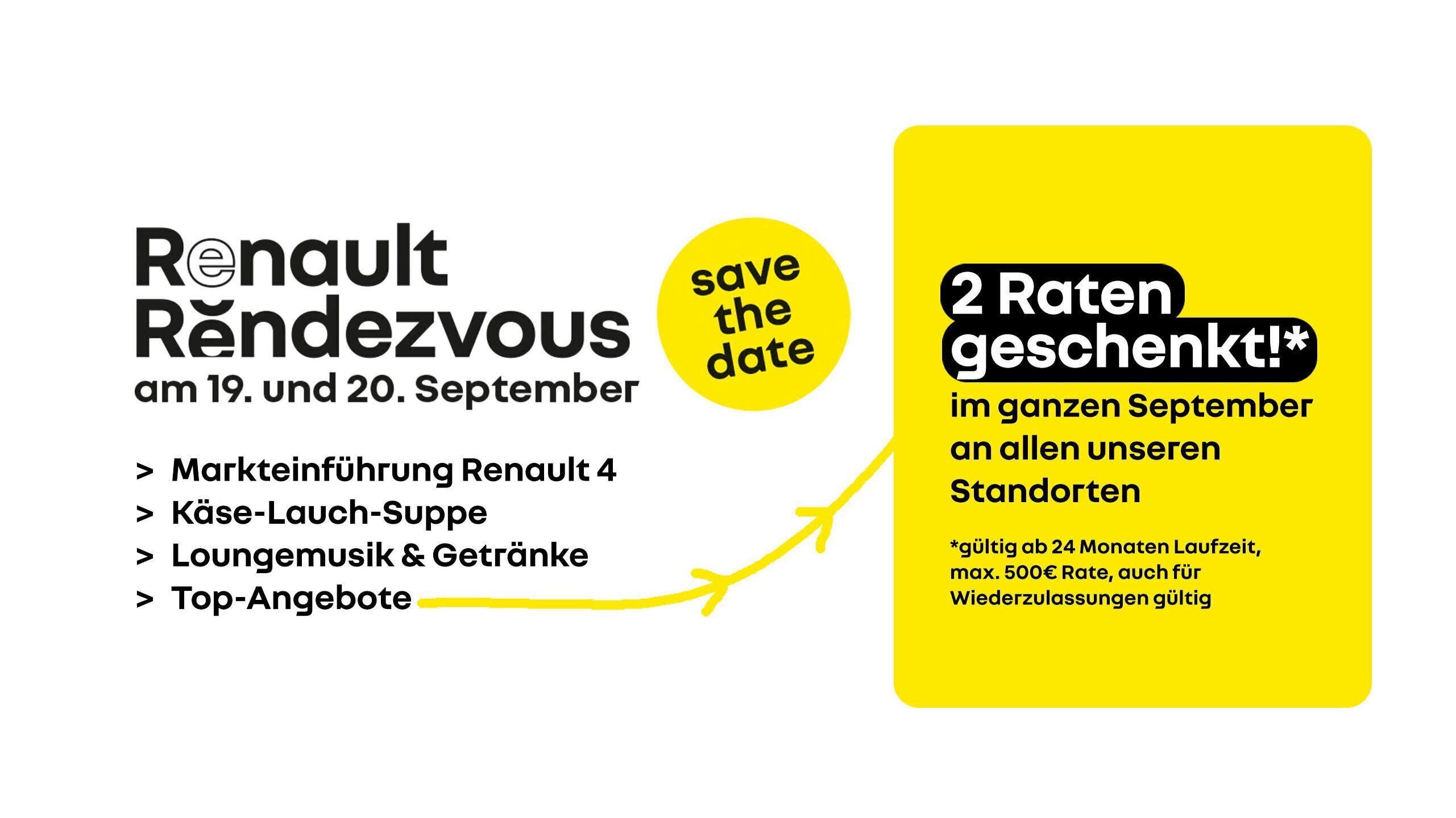 Ankündigung für Renault Rendezvous am 19. und 20. September mit Veranstaltungen und Angeboten.