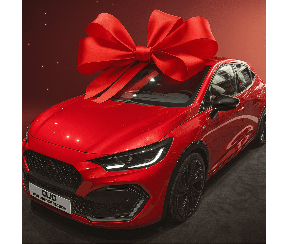 Ein rotes Auto mit einer großen roten Schleife auf einem festlichen Hintergrund.