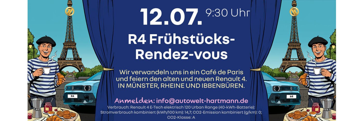 Ein Banner für das R4 Frühstücks-Rendez-vous in Münster, mit Illustrationen eines Renault 4 und Paris im Hintergrund.