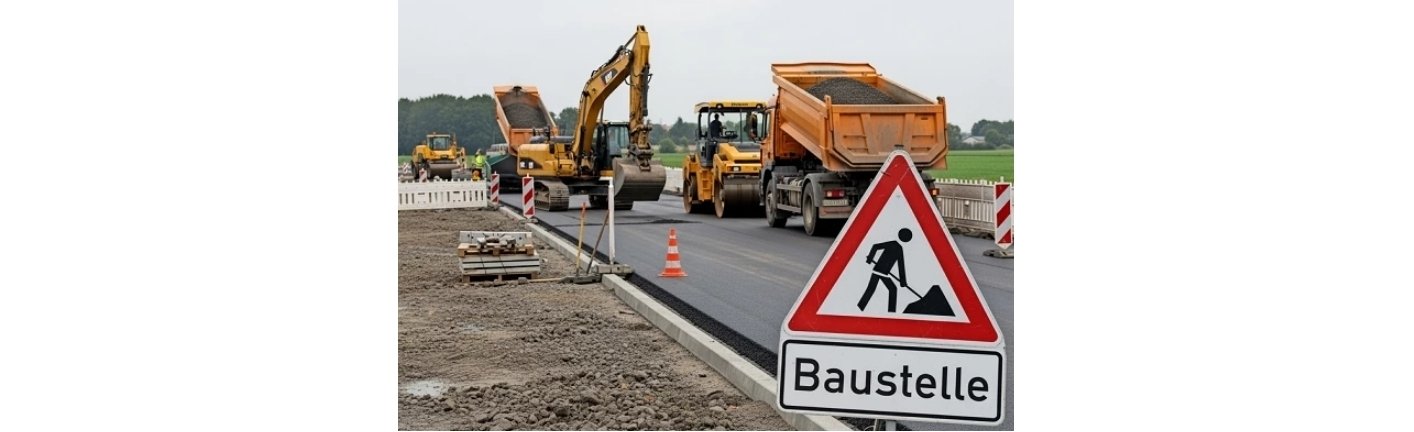 Baustelle mit Baustellenfahrzeugen und einem Warnschild in Deutschland. Straßenbauarbeiten im Gange.