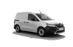 Weißer Lieferwagen von Renault mit flacher Front und schwarzen Akzenten auf der Seite.