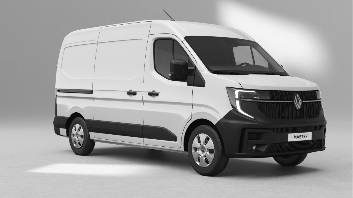 Weißer Renault Master Kastenwagen mit schwarzem Akzent, optimale Ladelösung für Transportbedarf.