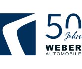 Logo für 50 Jahre Weber Automobile, stilisierte Straße und Text in Blau und Schwarz.