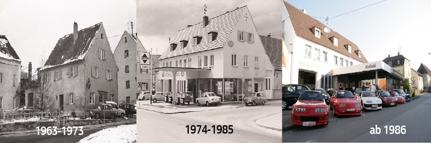 Historische Entwicklung eines Stadtteils in drei Bildern: 1963-1973, 1974-1985, ab 1986. Häuser und Autos im Wandel der Zeit.