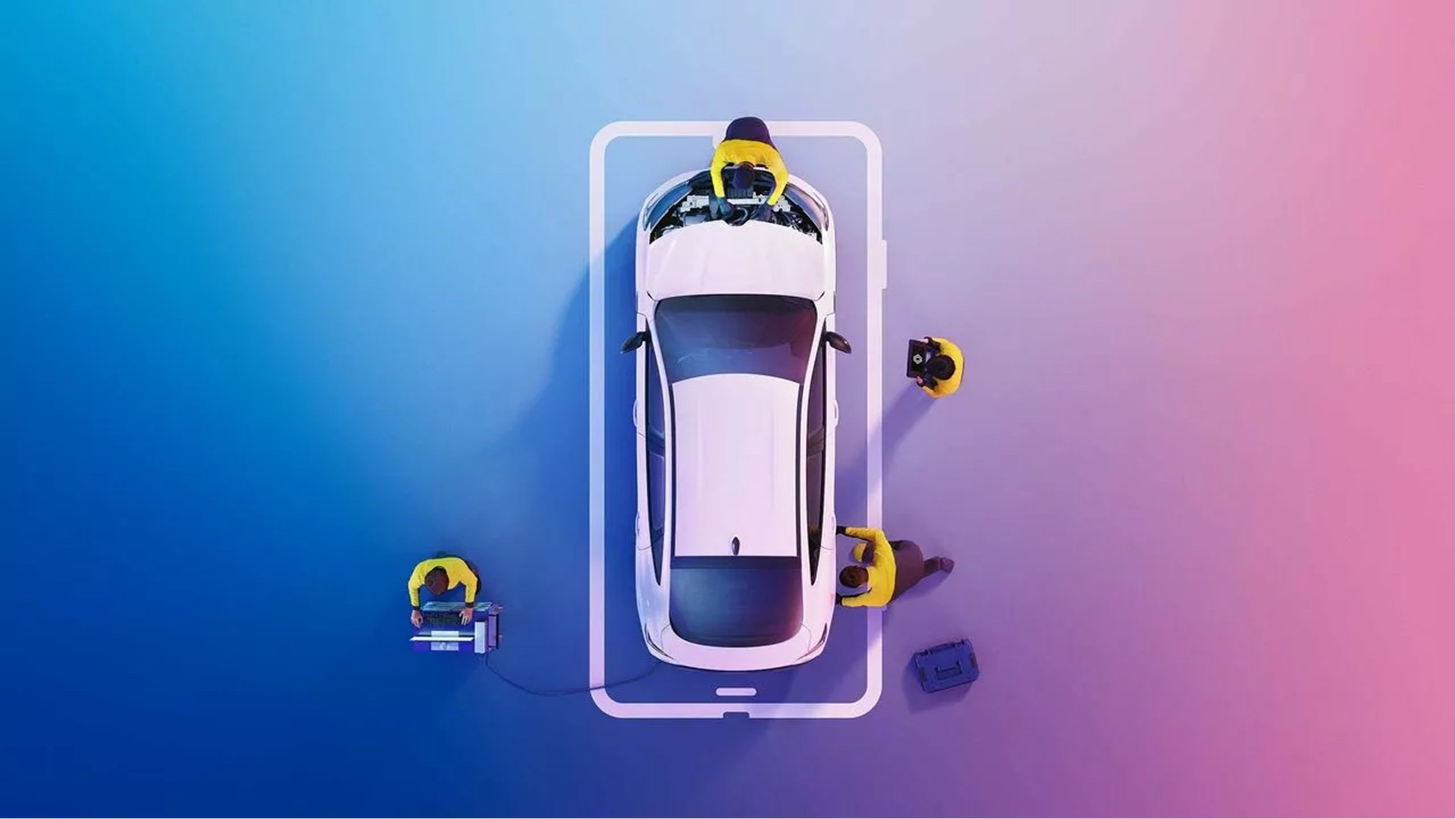 Ein modernes Auto wird von Technikern inspiziert, umgeben von Farbverlauf in Blau und Lila.