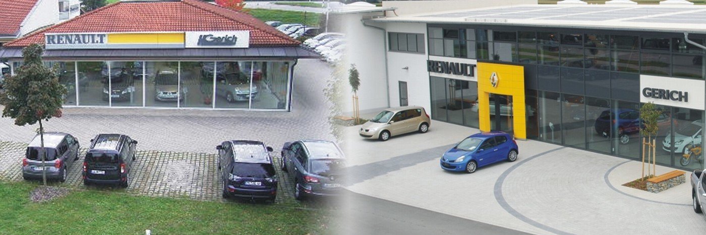 Zwei Renault-Fahrzeugausstellungen nebeneinander, eine modern mit blauen Autos und eine traditionell mit grauen Autos.