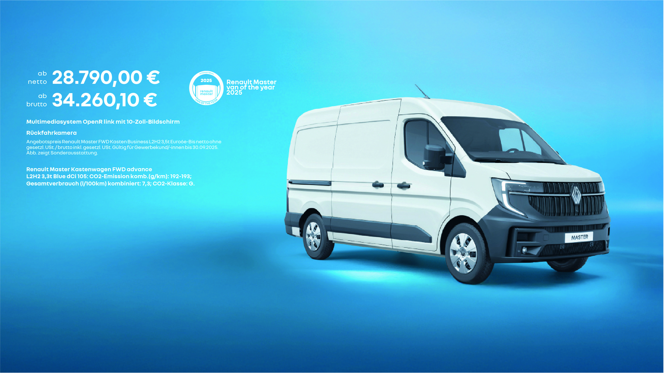 Renault Master Kastenwagen PWD in weiß, vorgestellt mit Preis und technischen Details auf blauem Hintergrund.