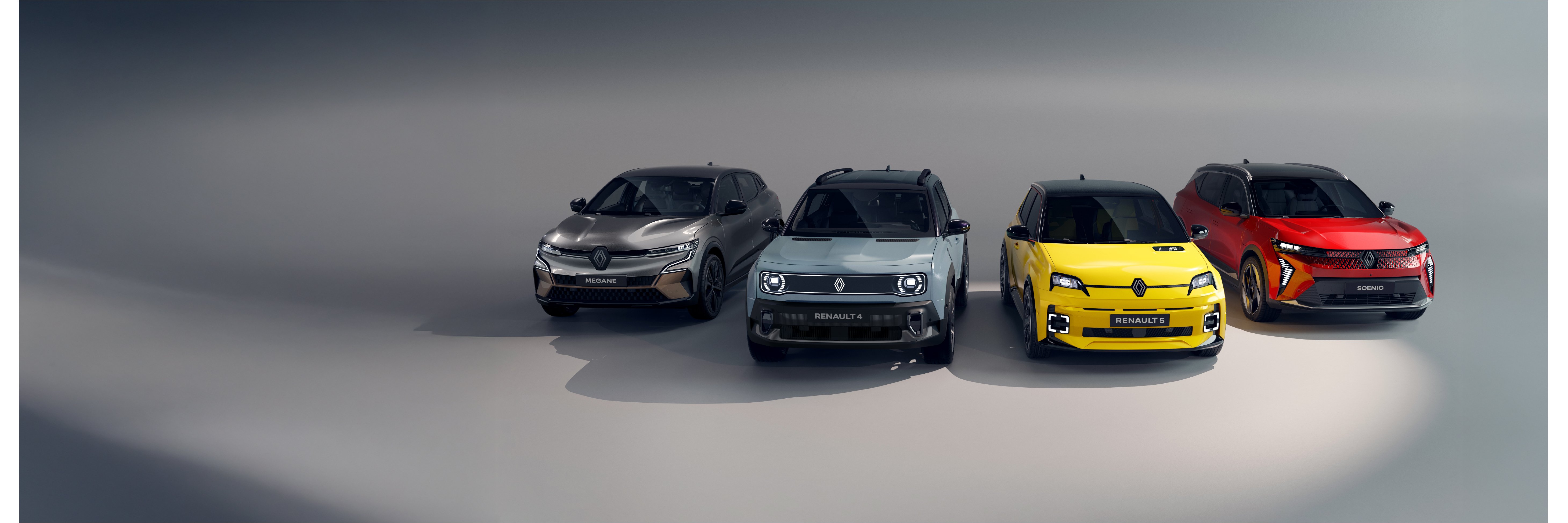 Vier Renault Fahrzeuge in verschiedenen Farben auf einem neutralen Hintergrund. Modernes Design und Vielfalt.