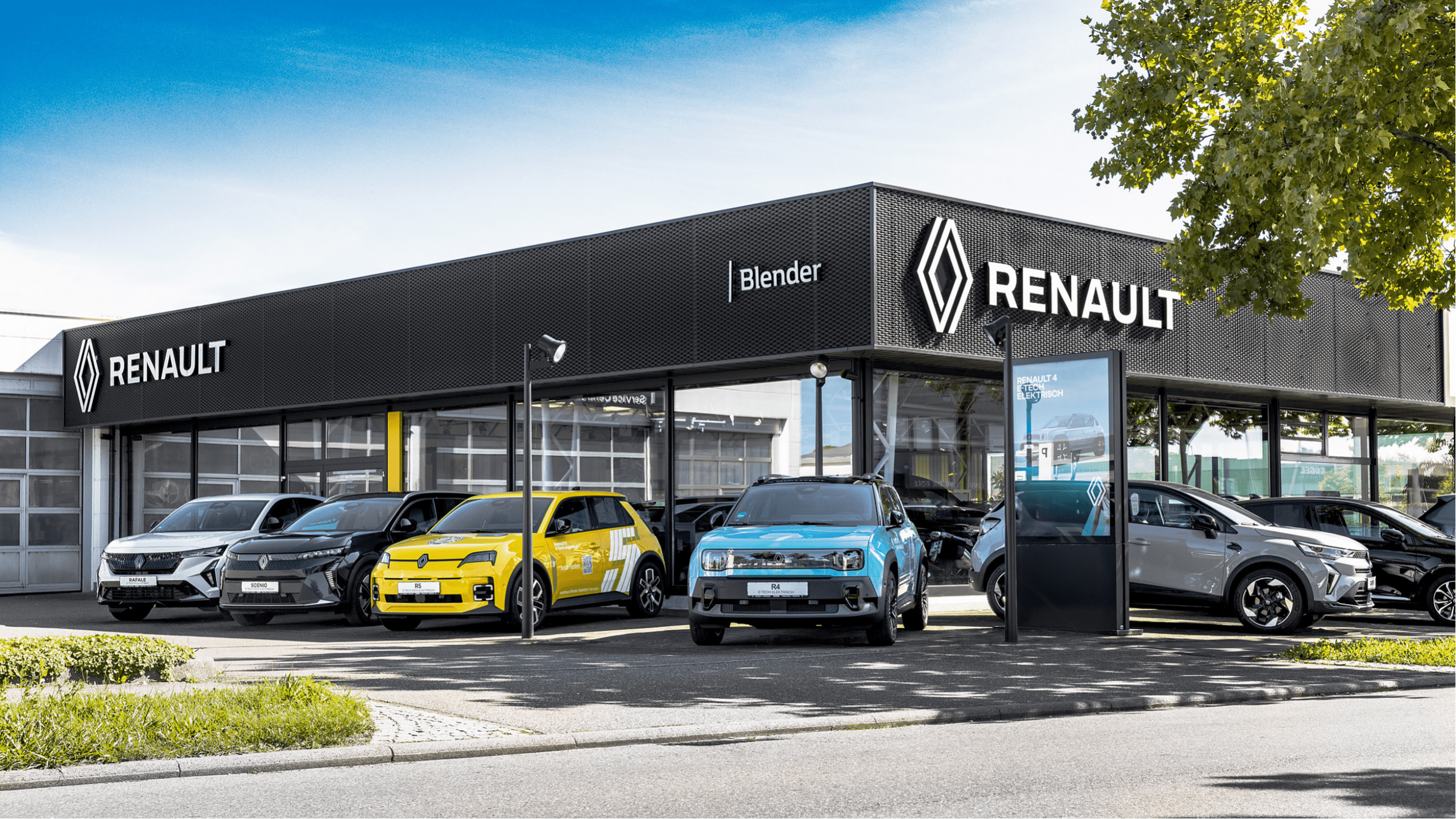 Renault Autohaus mit verschiedenen Fahrzeugmodellen auf dem Verkaufsplatz, modern gestaltete Gebäude.