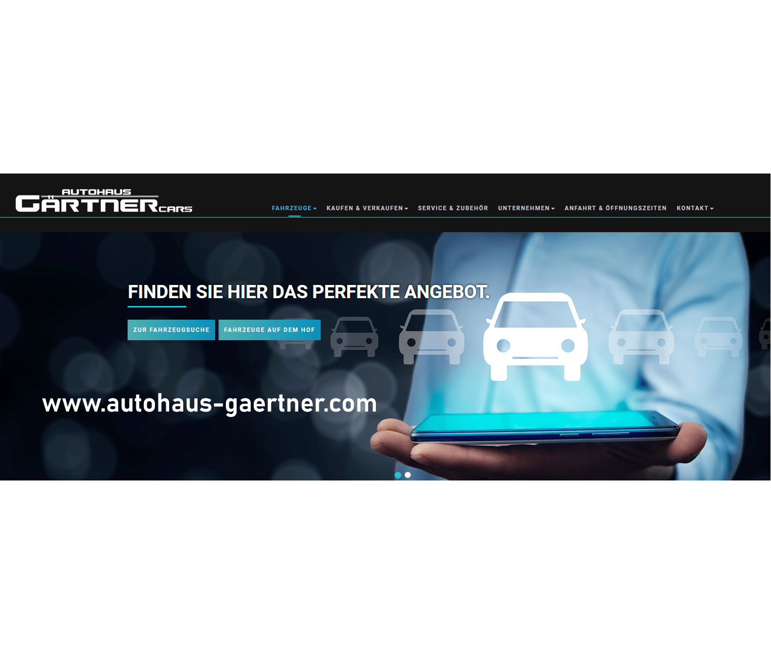 Website von Autohaus Gartner mit dem Slogan „Finden Sie hier das perfekte Angebot“ und einem Handy mit Auto-Icons.
